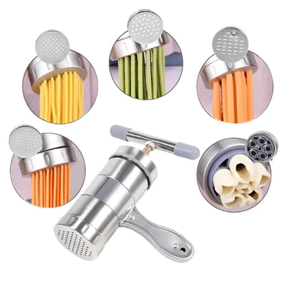 A manual pasta maker with various interchangeable discs for making different types of pasta, including fettuccine, spaghetti, and rigatoni